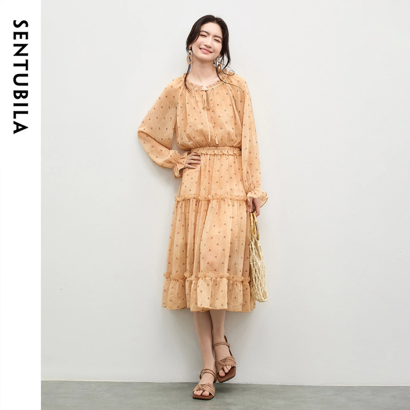 SENTUBILA Women Tiered Chiffon Dress Set 2026 Spring Floral Print Ruffle Tie Long Sleeve Midi Dress with Slip Camisole 161LF5416