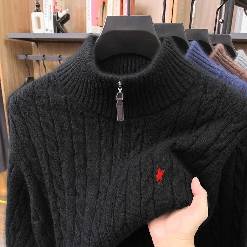 Men's Autumn Winter New Long Sleeved Knitwear Fried Dough Twists Half Zipper Embroidery Warm Sweater Fashionable Men's Clothing