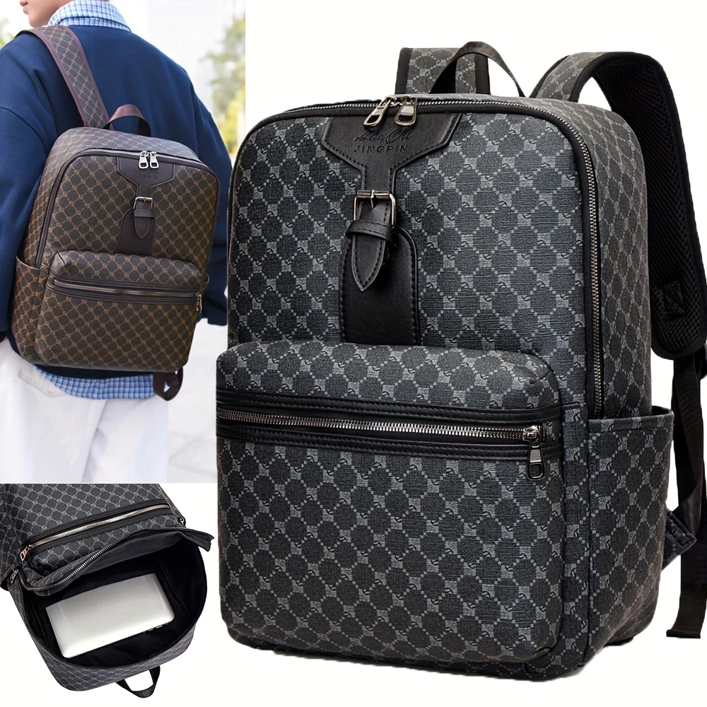 

Luxury Monogram Pattern Laptop Backpack, Large Capacity Multi-pocket Business Bag for Men's Daily Commute & Travel
