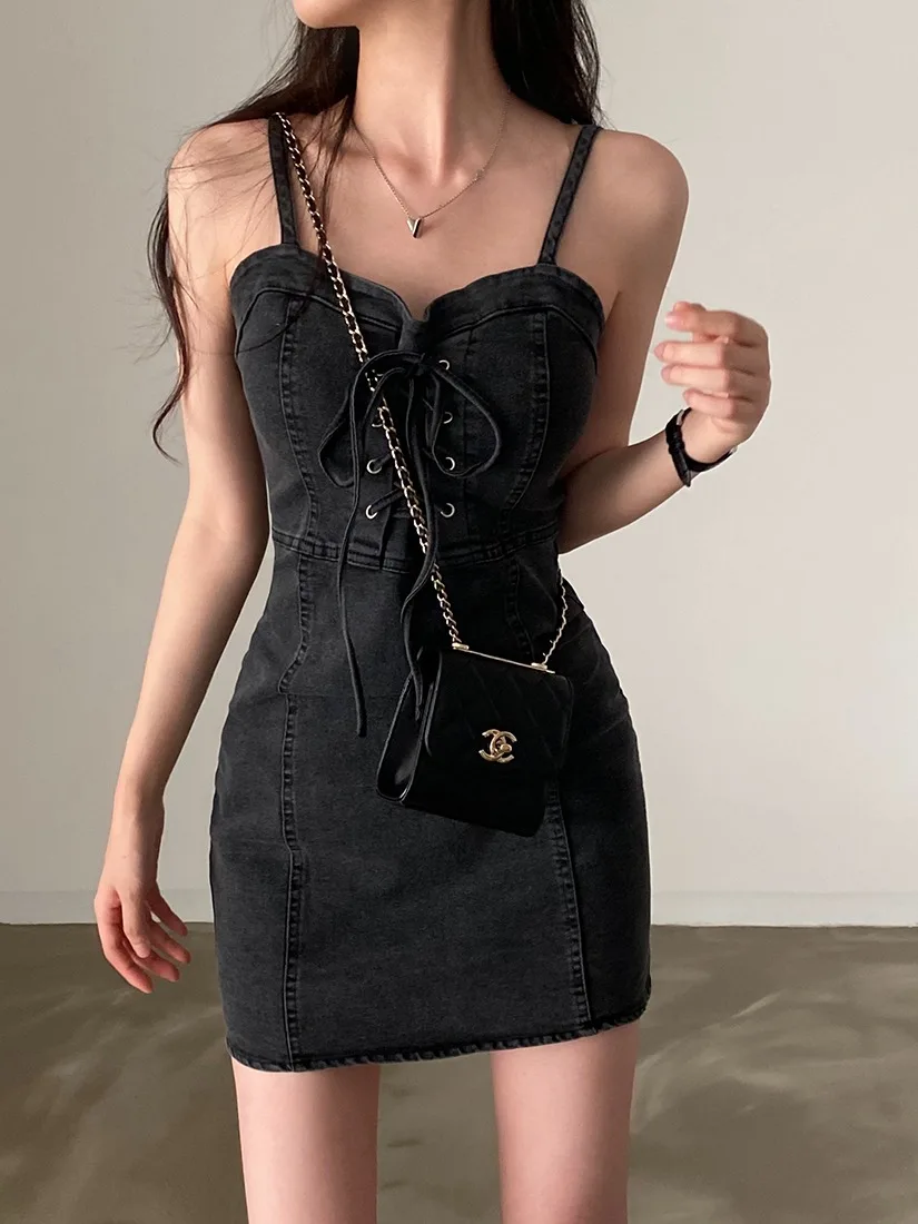 

Summer Chic Design Sense Women's Denim Dr Belted Waist Slimming Sexy ort Skirt Strap Dres Pure Color Commute Sle