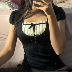 Y2k Women's Clothing Summer Trendy Sweet Short Sleeve T-Shirt Bowknot Crystal Decoration Pullover Patchwork Slim-Fit Tops