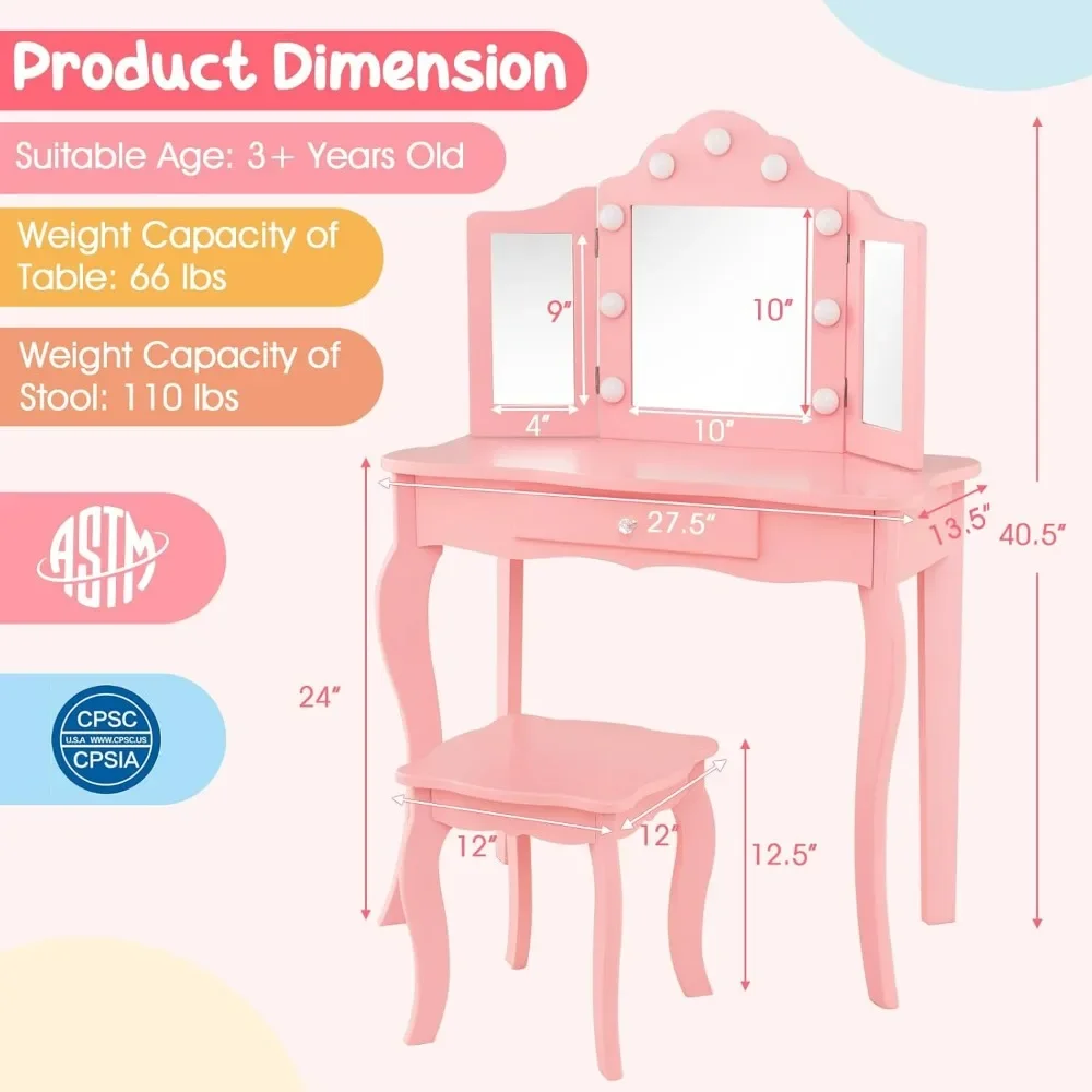 Kids Vanity Set, Lighted Mirror, 2 in 1 Toddler Dressing Table w/Tri-Fold Mirror & Drawer, Makeup Table & Chair Set, Vanity Set