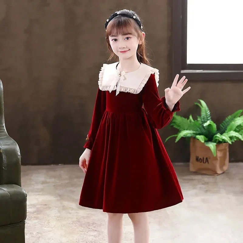 European Winter Autumn Girls Clothes Retro Teens Sailor Lace Collar Uniform Child Princess long Dress 5 6 7 8 9 10 12 14Year