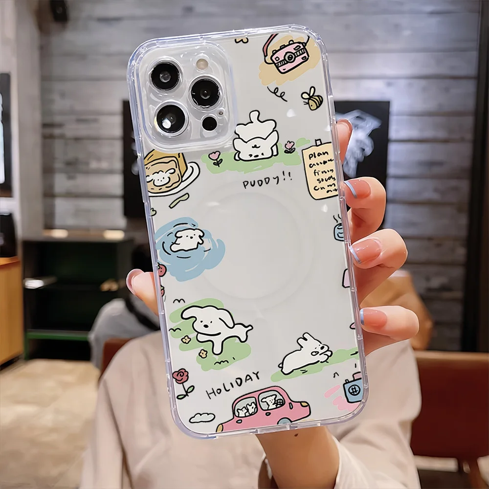 Naughty and Happy White Dog For IPhone 16 15 14 13 12 11 Pro Max Plus Transparent Magnetic Suction Phone Case