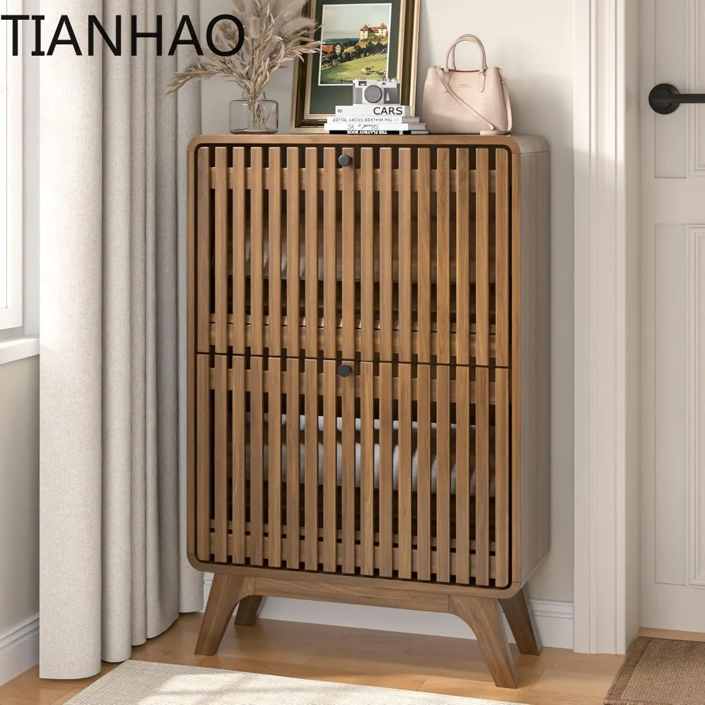 Fluted Entryway Shoe Cabinet Storage, Narrow Small Shoe Organizer Cabinet for Entry Way, Slim Modern Rack Organizer with 2 Flip