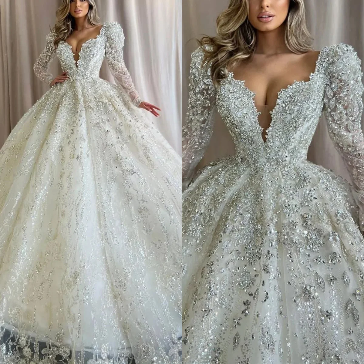 Luxurious Crystal Wedding Dresses Beaded Bride Ball Gown Sequins Princess Bridal Dress Long Sleeves Customized Vestidos De Novia