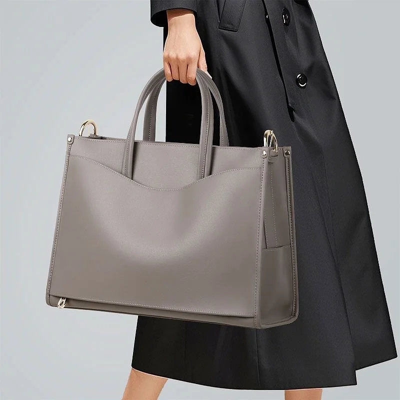 Grey Laptop Bag Business 14.5 Inch Tote Bags Waterproof Leather Briefcase Computer Women Business Office Work Casual Handbag