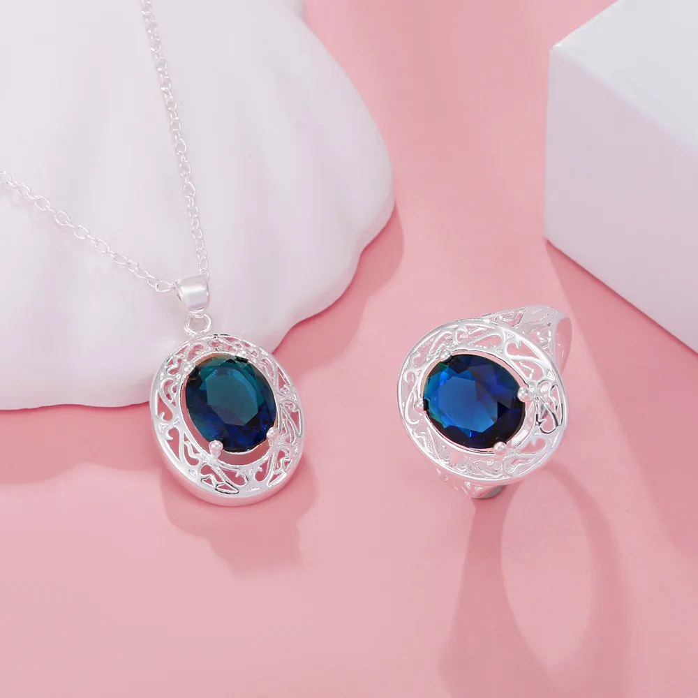 Jewelrytop Fine 925 Sterling Silverelegant Blue Crystal Necklaces Rings For Women Luxury Fashion Party Wedding Jewelry Sets Gift