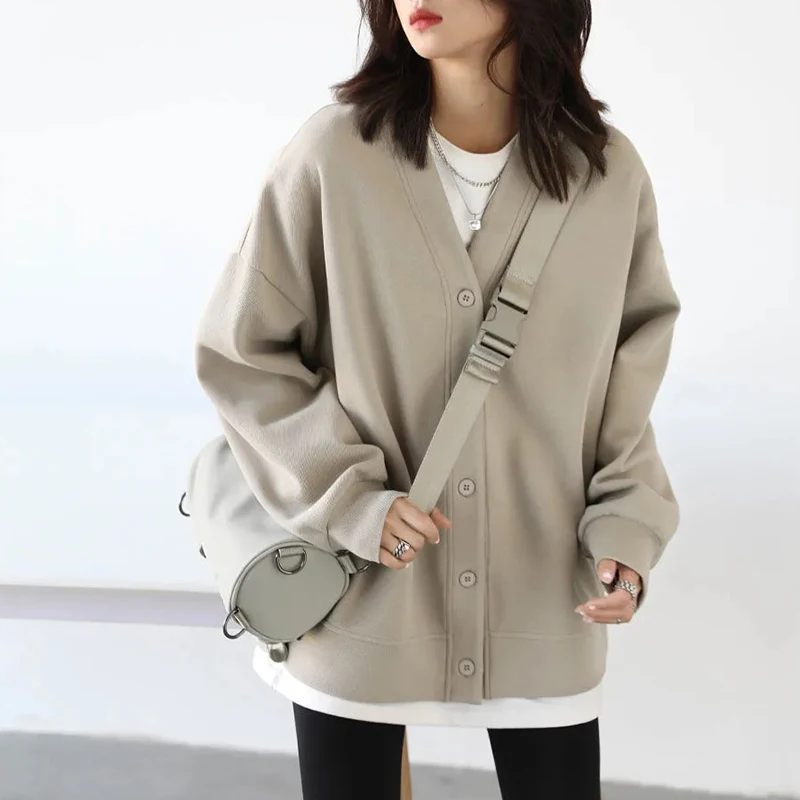 Korean Women Thick Warm Sweatshirt Autumn Winter Harajuku Coat Sports Casual Loose V-Neck Solid Office Lady Preppy Cardigans