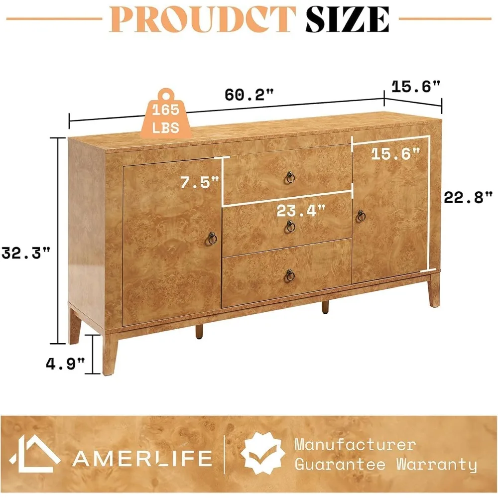 خزانة تخزين جانبية لبوفيه عالي اللمعان مقاس 60 بوصة، وخزانة جانبية خشبية كبيرة مع أدراج، ومقابض قديمة. وطاولة بوفيه بار النبيذ