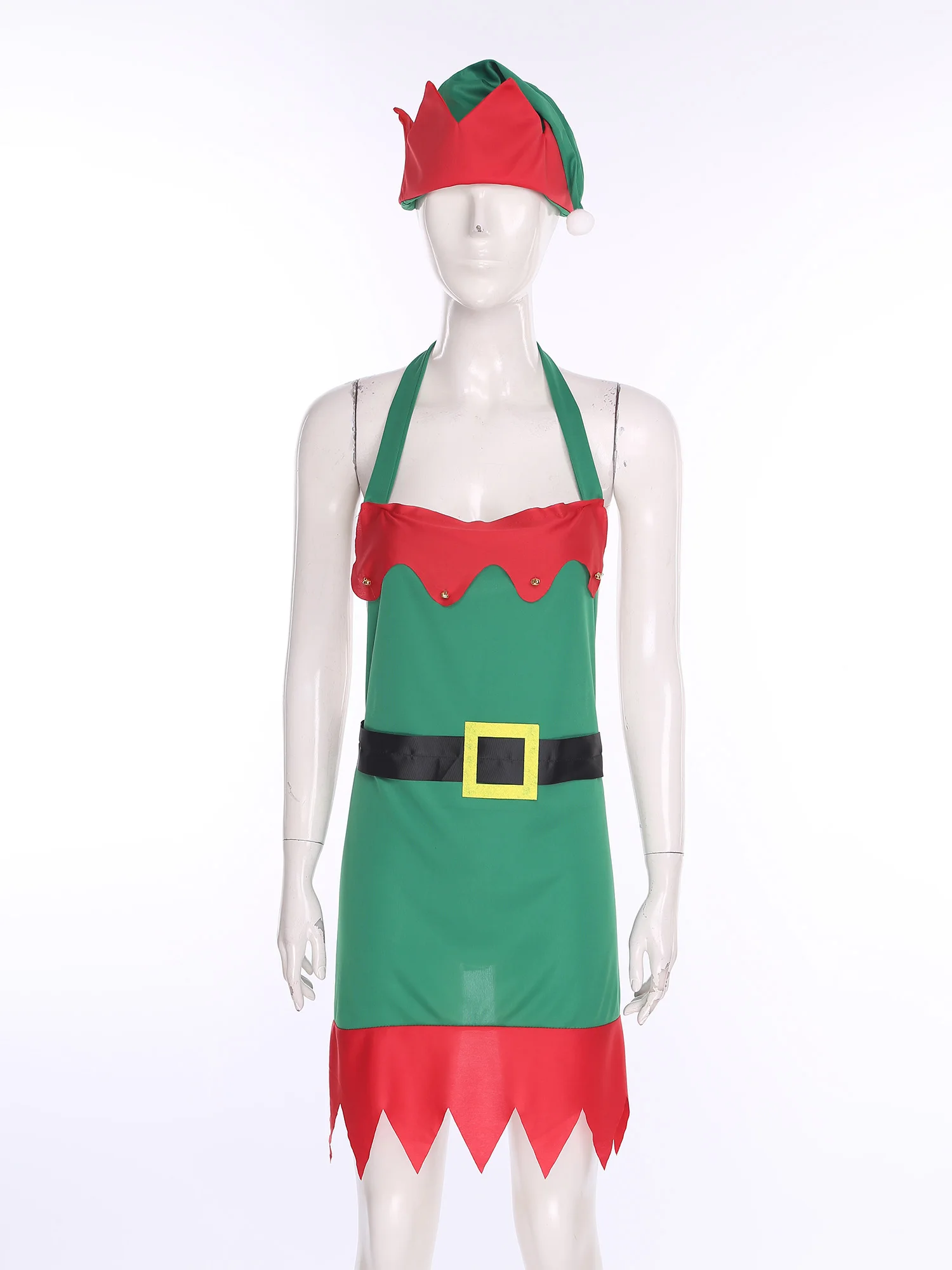 Christmas Elf Apron Red Green Lace-up Kitchen Cooking Baking Painting Aprons with Hat Xmas Party Mrs Santa Claus Cosplay Costume