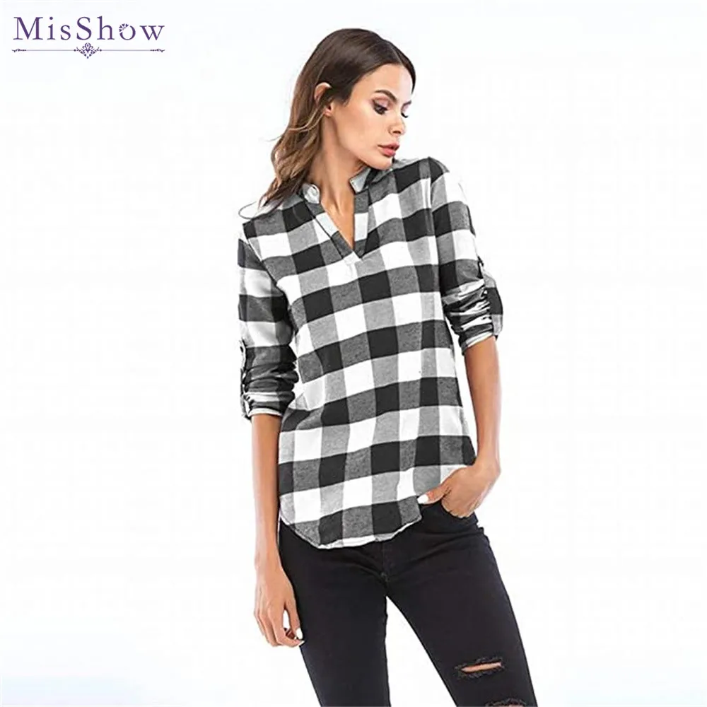 MisShow Slim Women\'s Pullover Plaid Shirts Plus Size 5XL Casual V Neck Blouse Cuffed Long Sleeve Camisas Tops Tunic Shirt