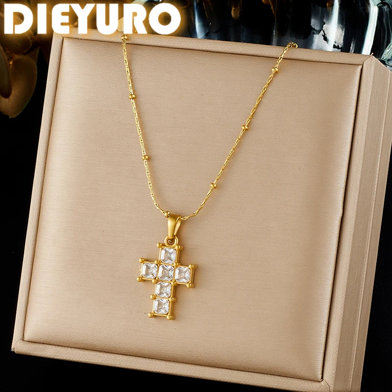 DIEYURO 316L Edelstahl glänzende Zirkonia goldene Kreuz-Anhänger-Halskette für Frauen, klassische modische Halskette, Schmuck