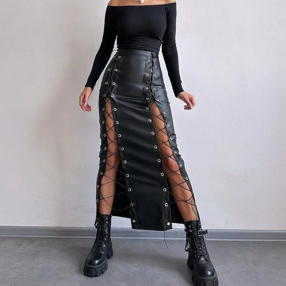 

Women's Skirt Sexy Hollow Out Bandage PU Leather Long Skirt High Waist Tight Wrap Hip Fashion Streetwear Club Party Skirts 2026