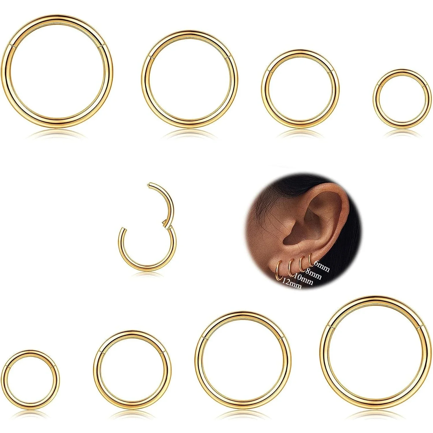 8Pcs Surgical Steel Hinged Clicker Segment Nose Rings Hoop for Women Men Helix Cartilage Daith Earrings Tragus Body Piercing 6-12MM