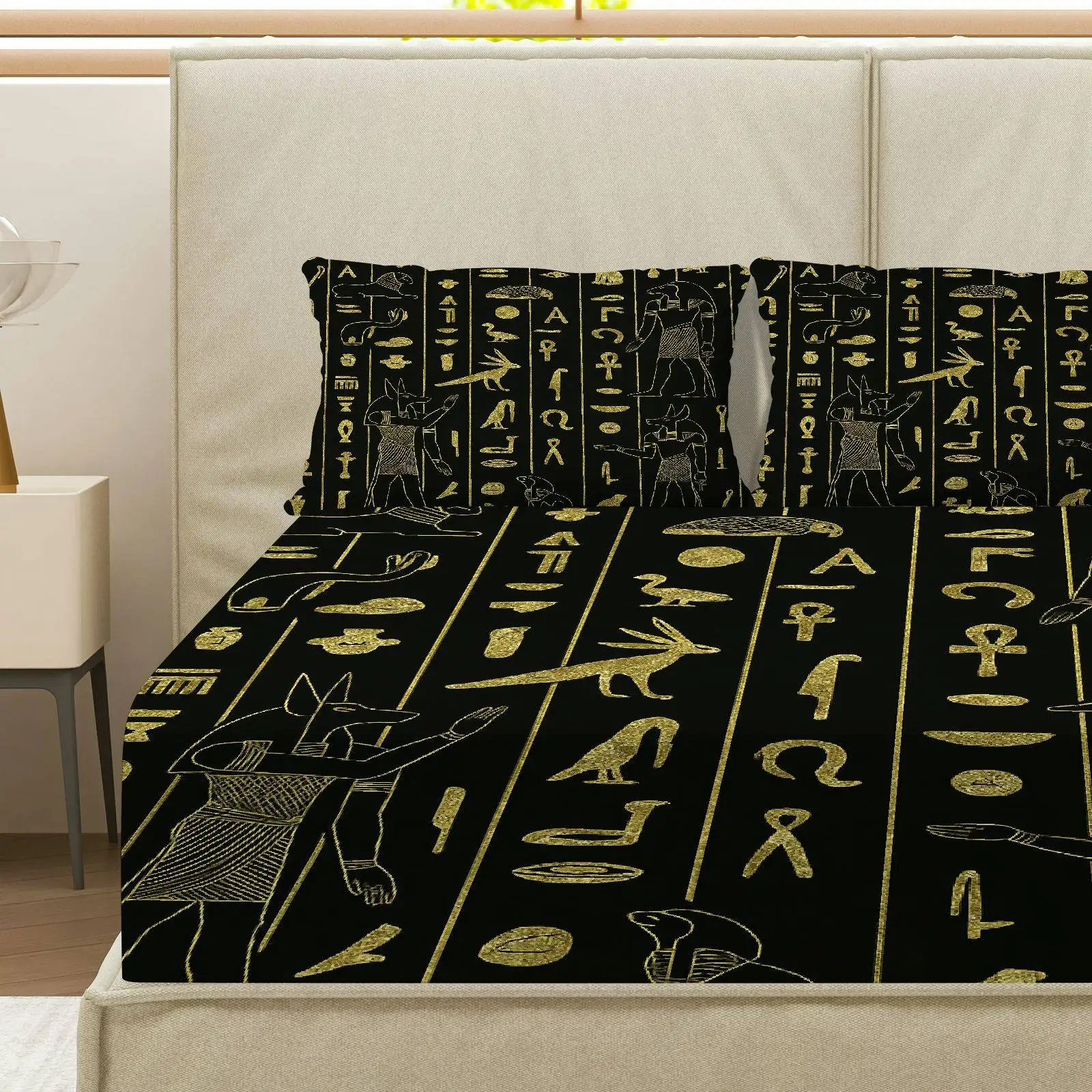 Customize 3pcs Egyptian Hieroglyphics Golden Black Fitted Sheet Three Piece Set (1*Fitted Sheet+2*Pillowcases, Coreless), Hallow