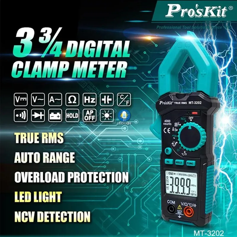 Pro'sKit MT-3209-C Digital Clamp Meter Amperimetric Clamp Auto Range True RMS Ammeter Capacitance/Temp/Current Detection Tool