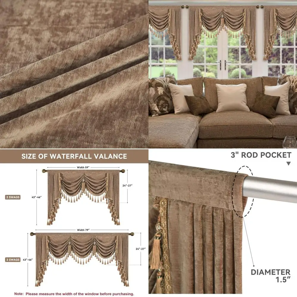 

Elegant Chenille Swag Valance with Tassels for Living Room, Coffee-Colored Curtain Panel for Home Window Decor (59, 1 Piece)