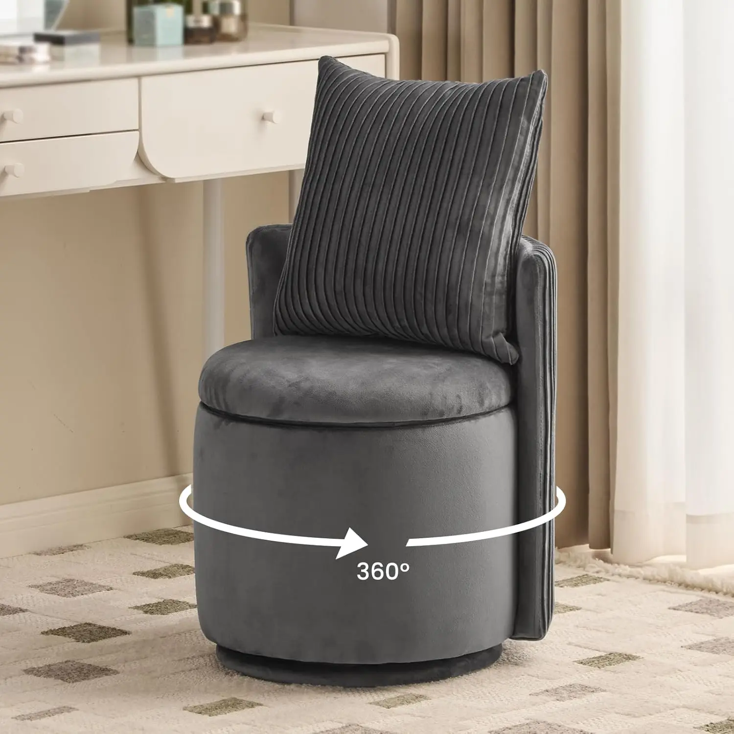 Grey Velvet Vanity Chair with Storage for Bedroom, Dressing, Living Room, 360° Swivel, No Assembly, Comfy