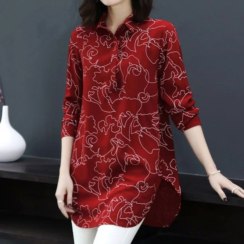 Casual Printing Button Long Shirt Summer Autumn 2023 Polo-Neck Long Sleeve Loose Oversized Pullovers Tops Women Clothing E3545