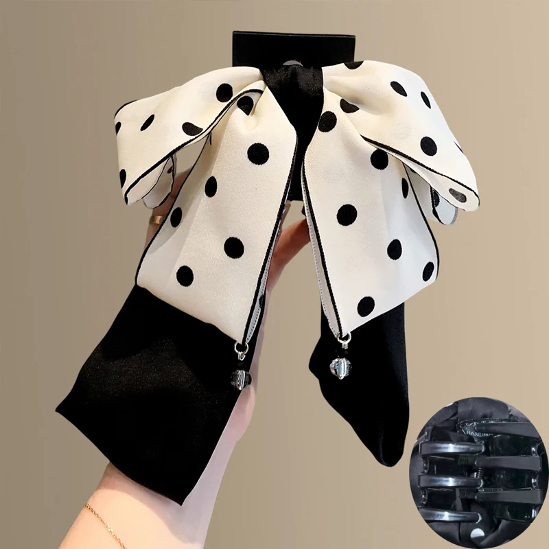 أبيض وأسود البولكا نقطة القوس الكبير مشبك شعر للمرأة أنيقة النسيج لونين دبوس الشعر فتاة الموضة الجزء الخلفي من رئيس الشعر البطلينوس