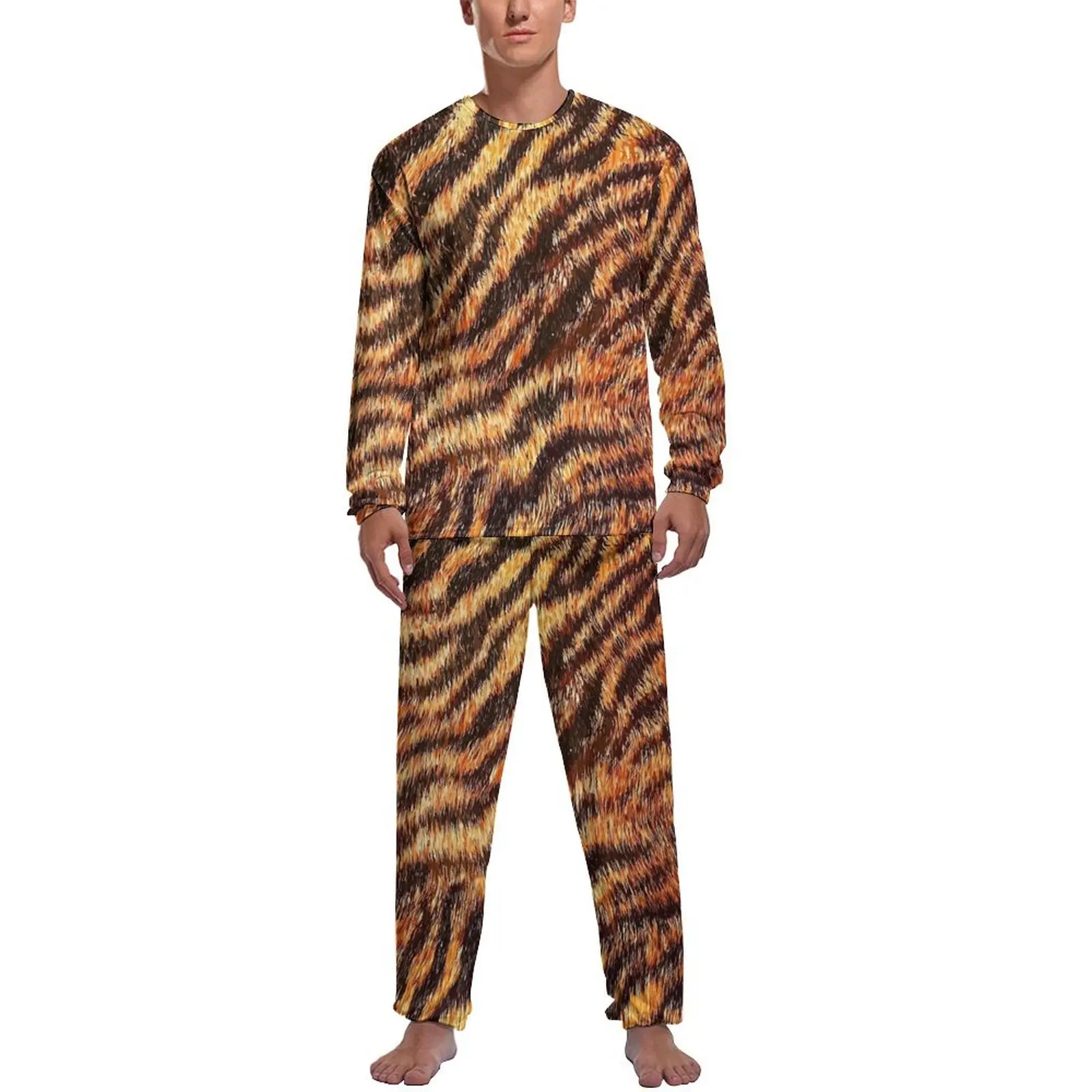 Tiger Print Pajamas Spring 2 Pieces Animal Fur Kawaii Pajamas Set Mens Long Sleeve Leisure Design Nightwear