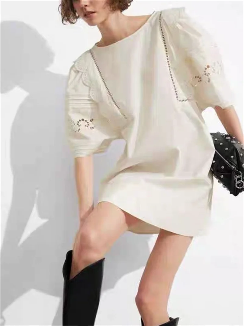 

Solid Color Mini Dress Women's Hollow Out Embroidery High Waist Ruffles O-Neck Casual Summer 2024 Female Puff Sleeve Short Robe