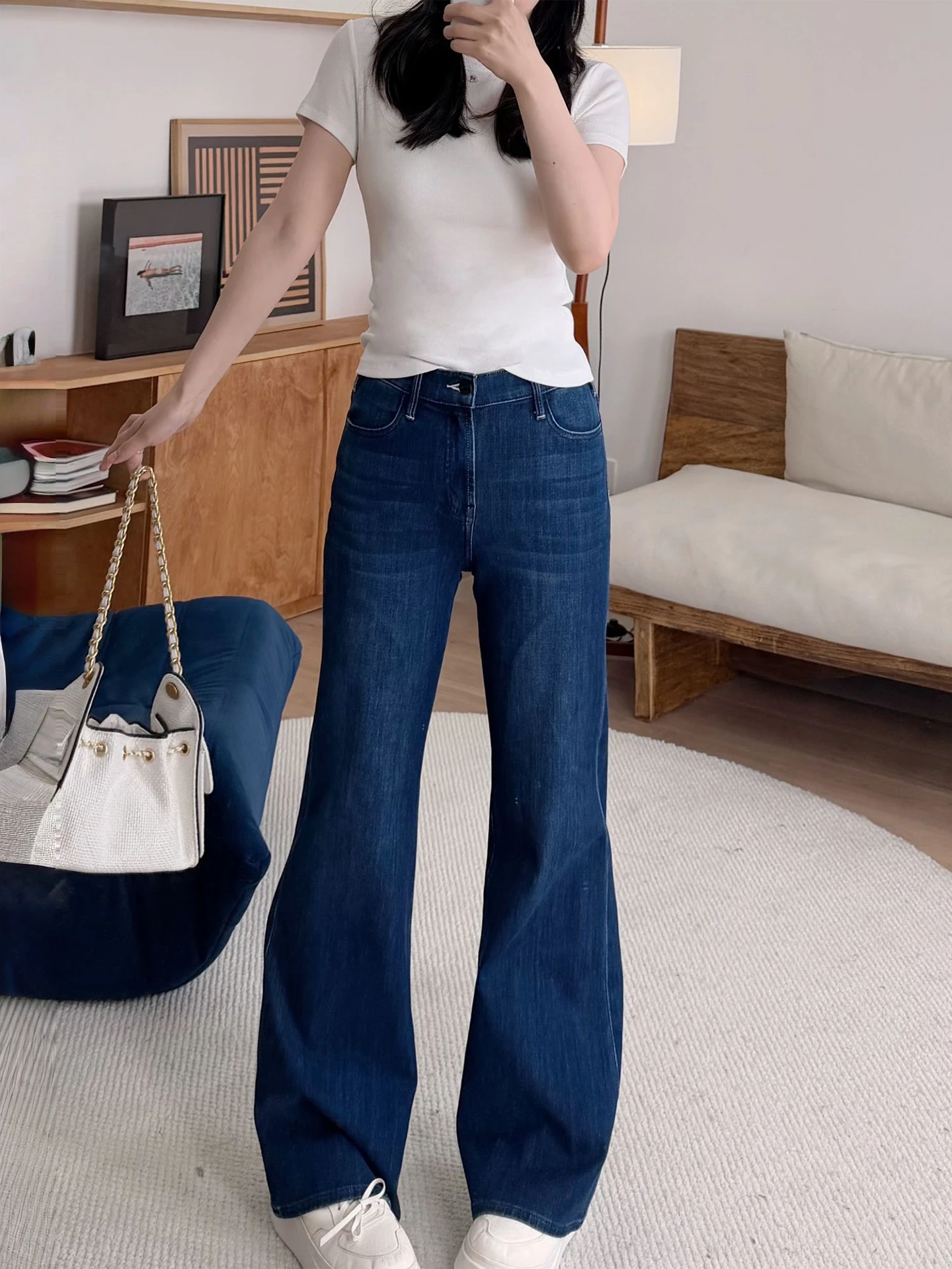 

Deep Blue Retro Spring High Waist Flared Jeans Elastic Waist Pear ape Micro Flare Denim Pants Women's Soft Breathable Cotton