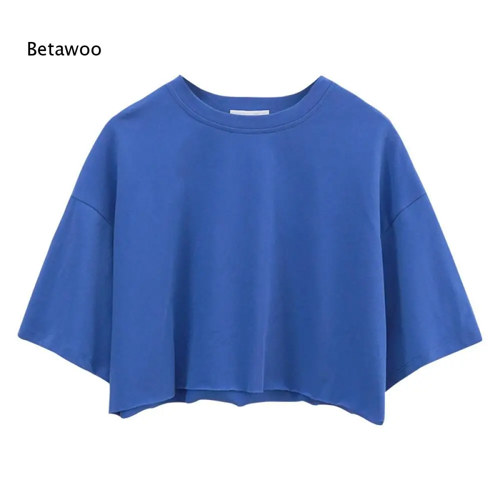 Solid Royal Blue Crew Neck Cropped T Shirt Drop Shoulder Loose Short Sleeve Raw Hem Casual Daily Crop Top