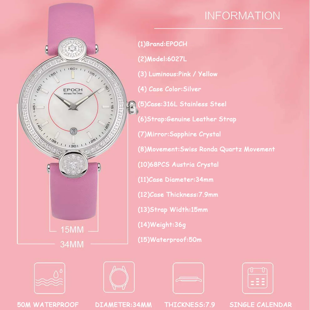 EPOCH Ladies Luxury Watch 34mm Fashion Wristwatch Women Quartz Watches Luminous 100M Waterproof Wristwatch Sapphire Date