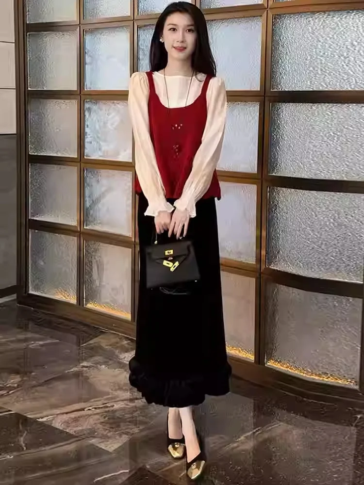 

Модный вязаный жилет и бархатная юбка-футболка, женский осенний новый дышащий повседневный комплект свободного покроя