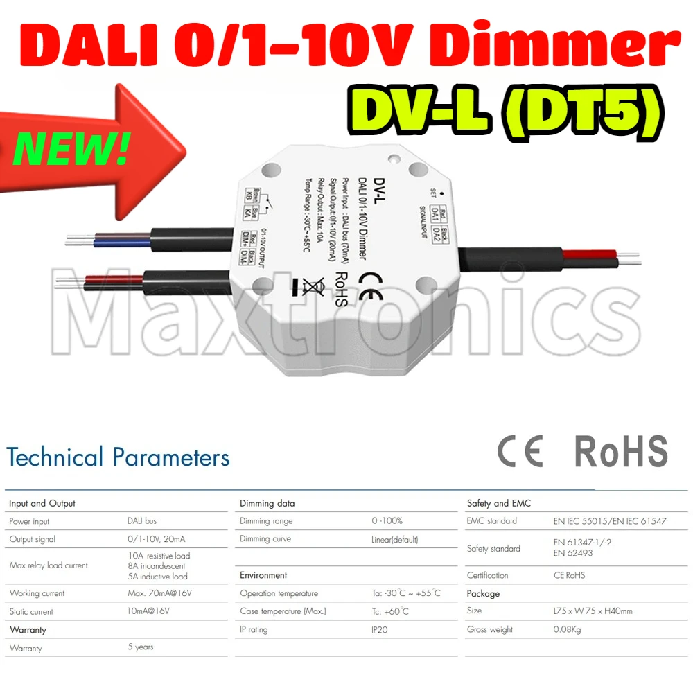 

NEW DALI 0/1-10V Dimmer DV-L (DT5) 1CH*20mA 1 DALI Address 1 Channel 0/1-10V Output Selectable for Single Color LED Strip Light