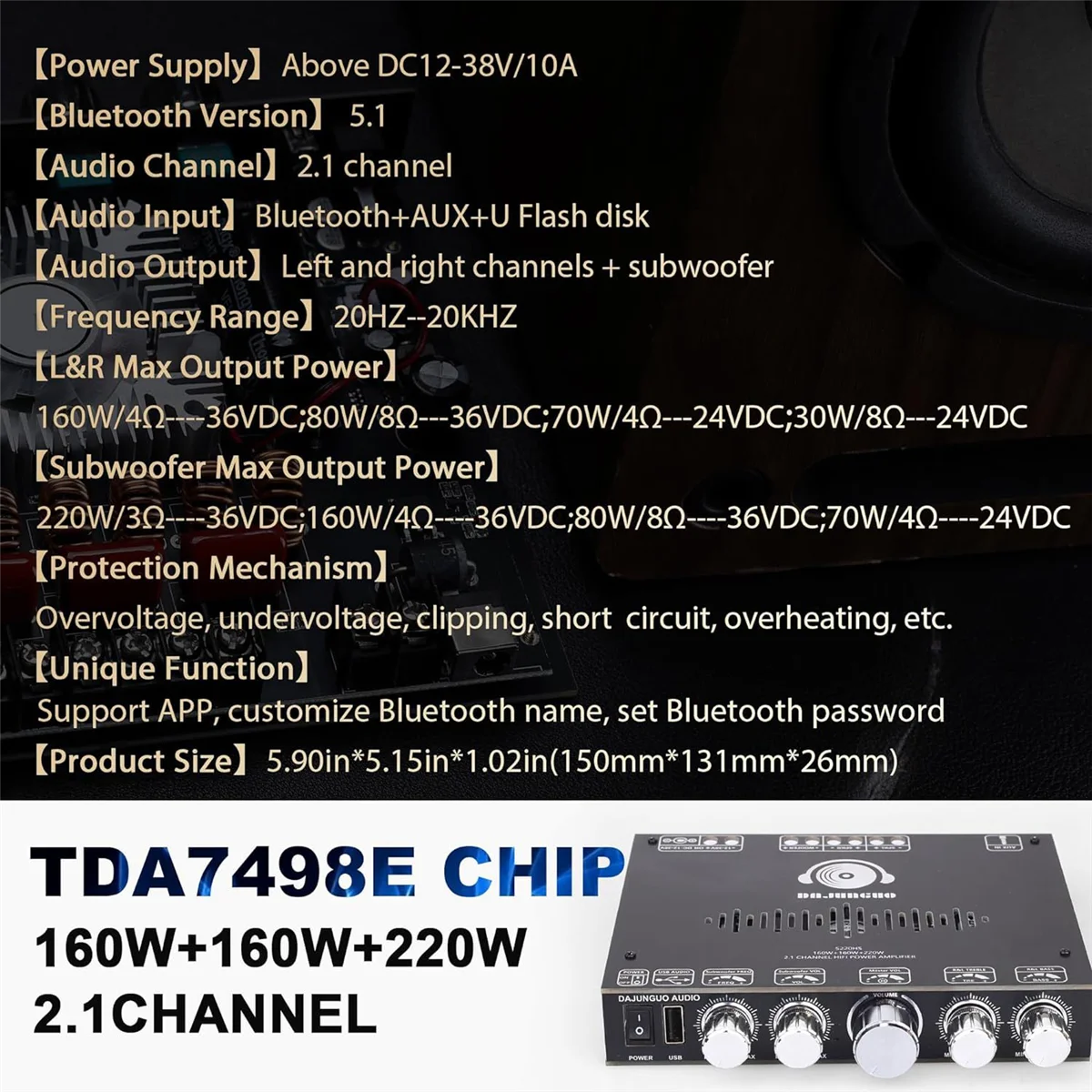 RISE DAJUNGUO S220HS Scheda amplificatore di potenza Bluetooth, 2.1 canali TDA7498E 160Wx2+220W, modulo amplificatore di potenza audio 12V-38V