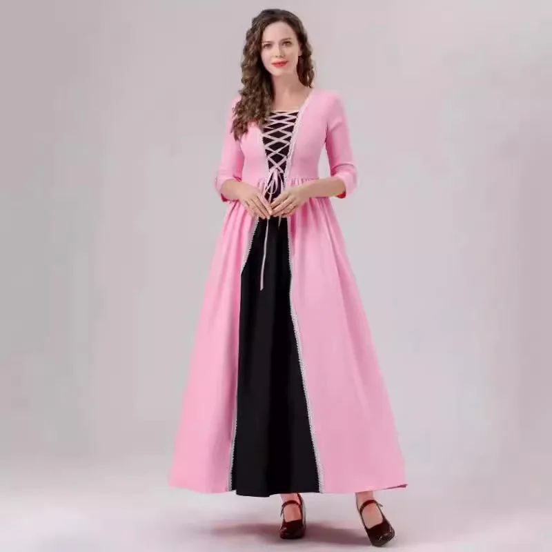 

Medieval Dress Renaissance Court Costumes Women Queen Princess Victoria Pink Waistline Evening Gown