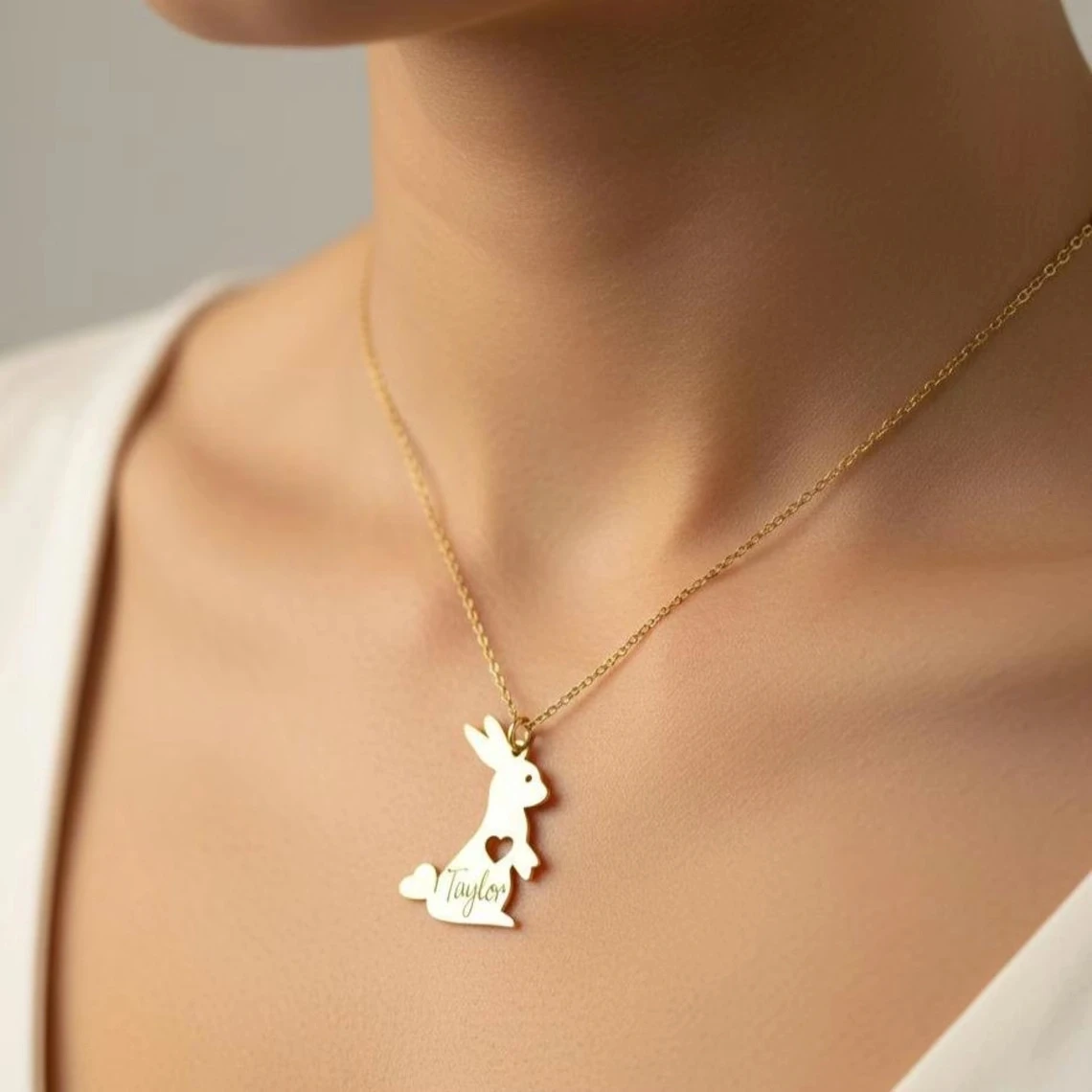 Custom Bunny Rabbit Necklace Personalized Heart Engraved Name Choker Bespoke Cute Necklace For Women Men Stainless Steel Jewelry