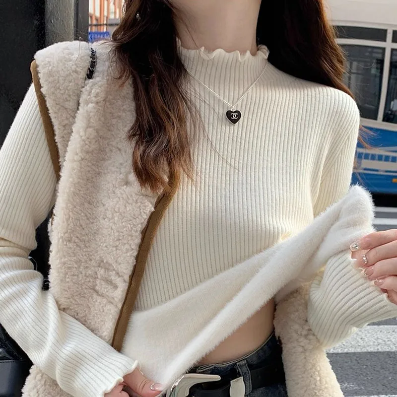 Sweaters Fleece-lined Knitted Sweater Women Pullovers New Long Sleeve Mock Neck Knit Sweater Pullover Women Tops Knitwears Q2163