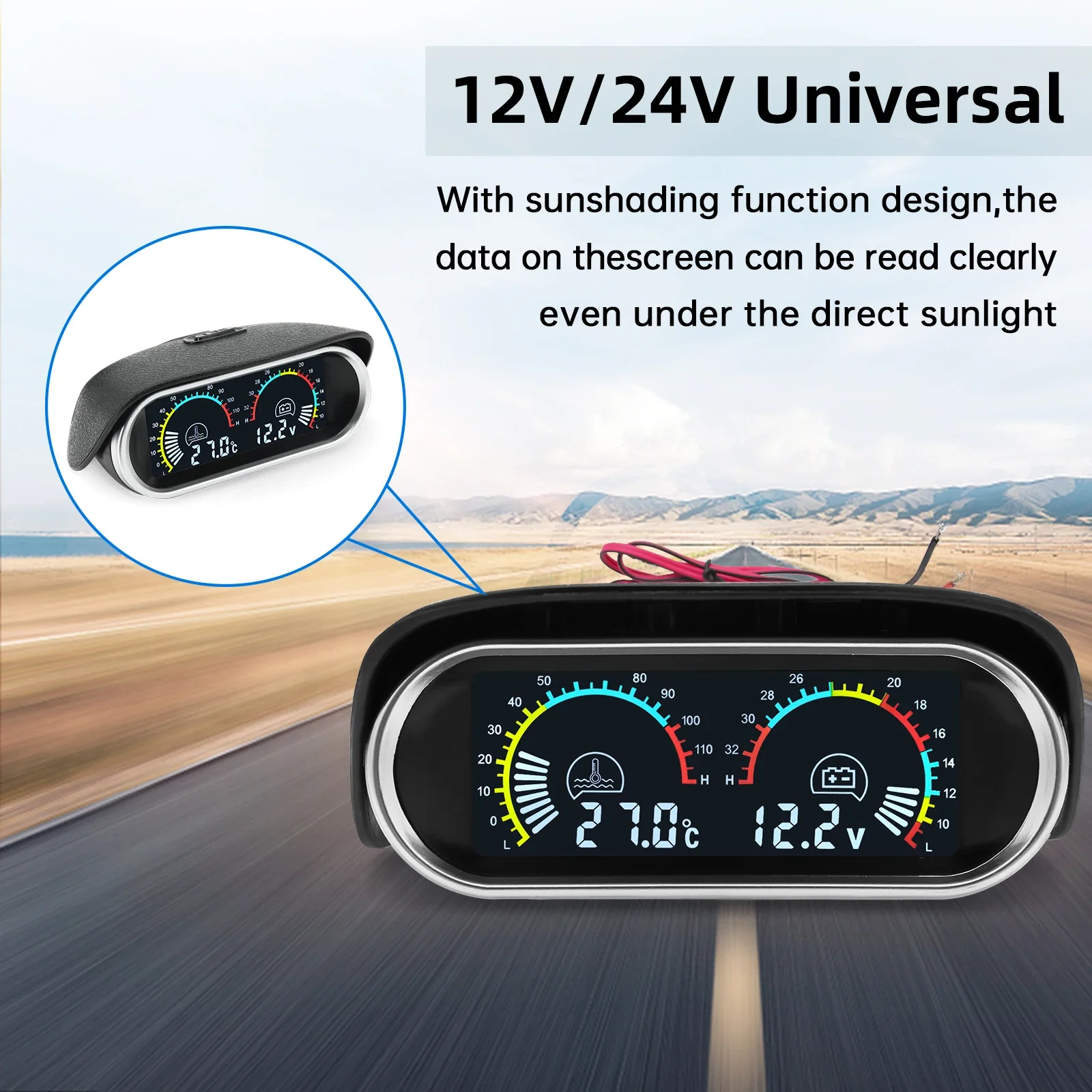 2In 1 Universal Car Horizontal Fuel Gauge & Water Temperature & Voltage 12v Voltmeter Oil Press Digital LCD RPM Tachometer 9~36v
