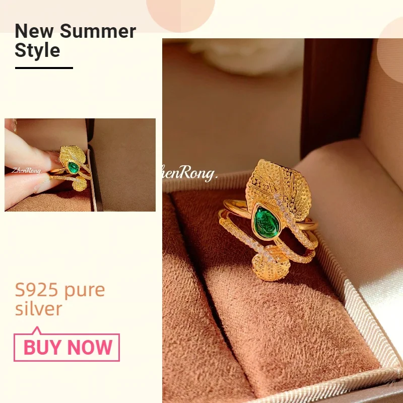 Classical court style grandmother jade drop ring, luxury Baroque texture leaf ring, ideal choice for ladies.