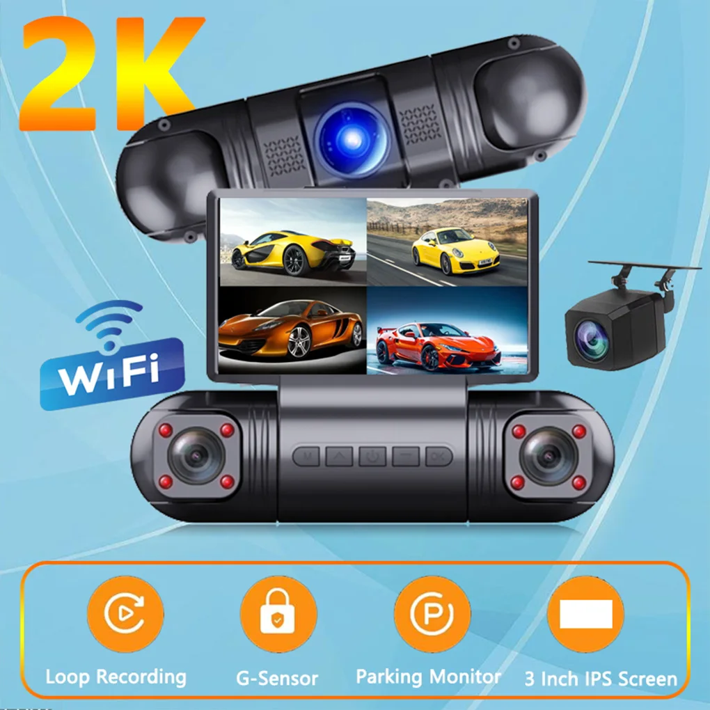 3in Split Screen 4Cameras 2k Ultra HD Infrared Night Vision Driving Recorder Reversing Image Wifi Interconnection Gravity Sensor