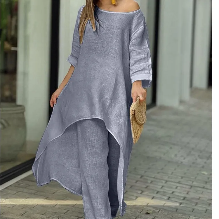 Autumn Casual Irregular Dress Pants Two Piece Sets Women Solid O-neck Long Sleeve Dresses Outfits Office Cotton And Linen Suit