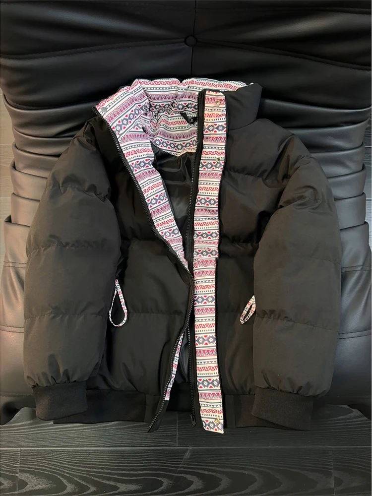 Black Contrast Color Splicing Men's Cotton Jacket Winter Thick Warm Bread Style Loose Couple Outerwear Polyester Filling