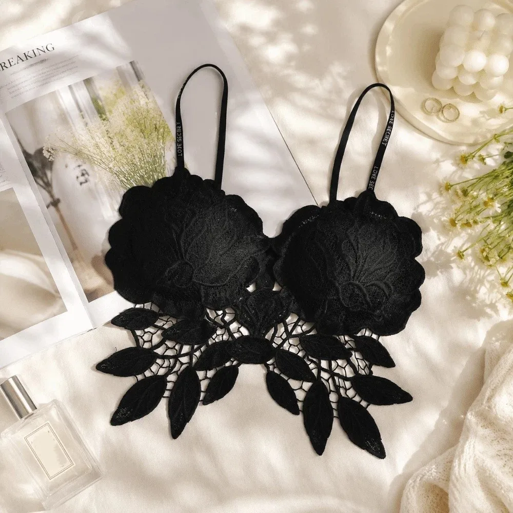 Breathable Slim Fit Lace Camisole Hollow Out Flower Leaves Crop Top V-neck Design Push-up Underwear Beach Wear