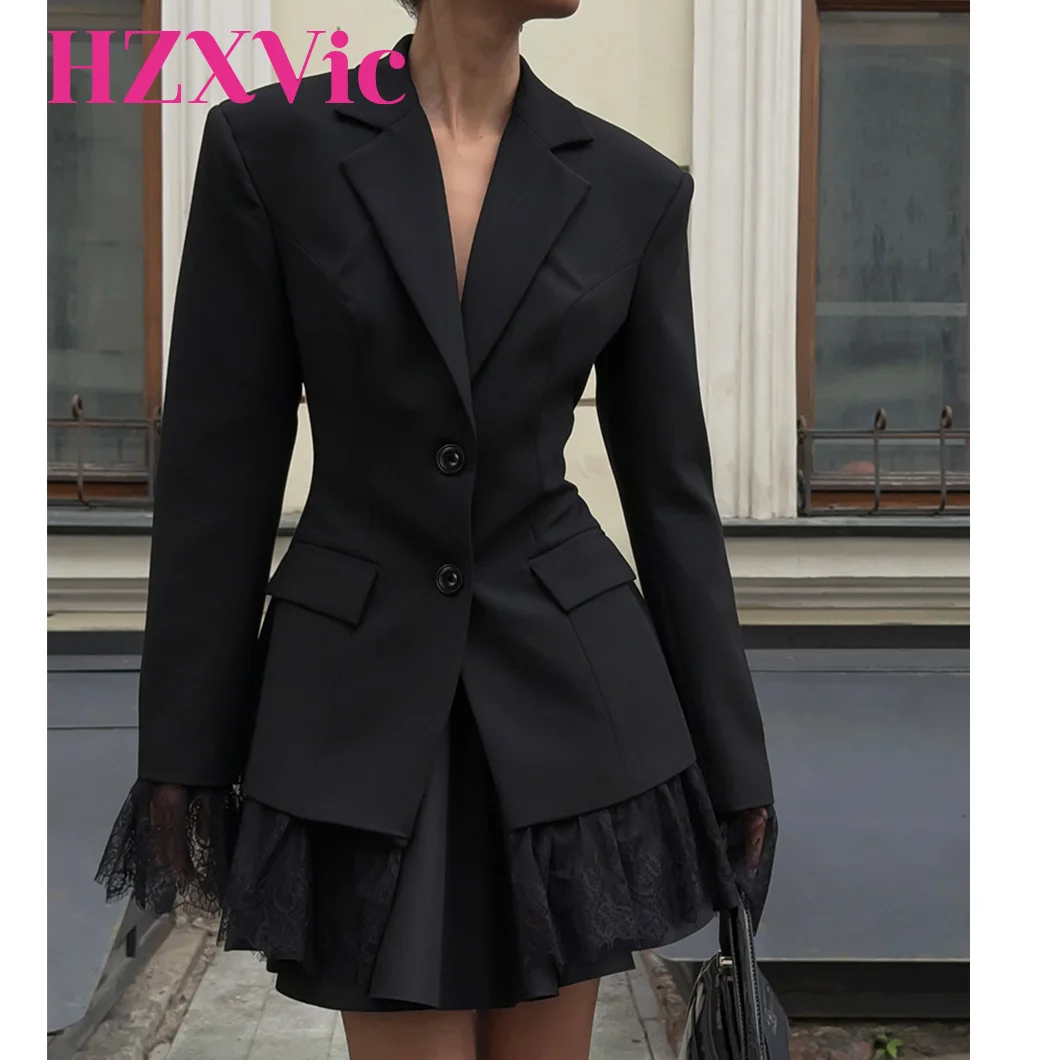 سترة نسائية HZXVic بجيوب على شكل طية صدر السترة وأزرار للعمل والمكتب سترة طويلة مع خياطة من الدانتيل في الحاشية