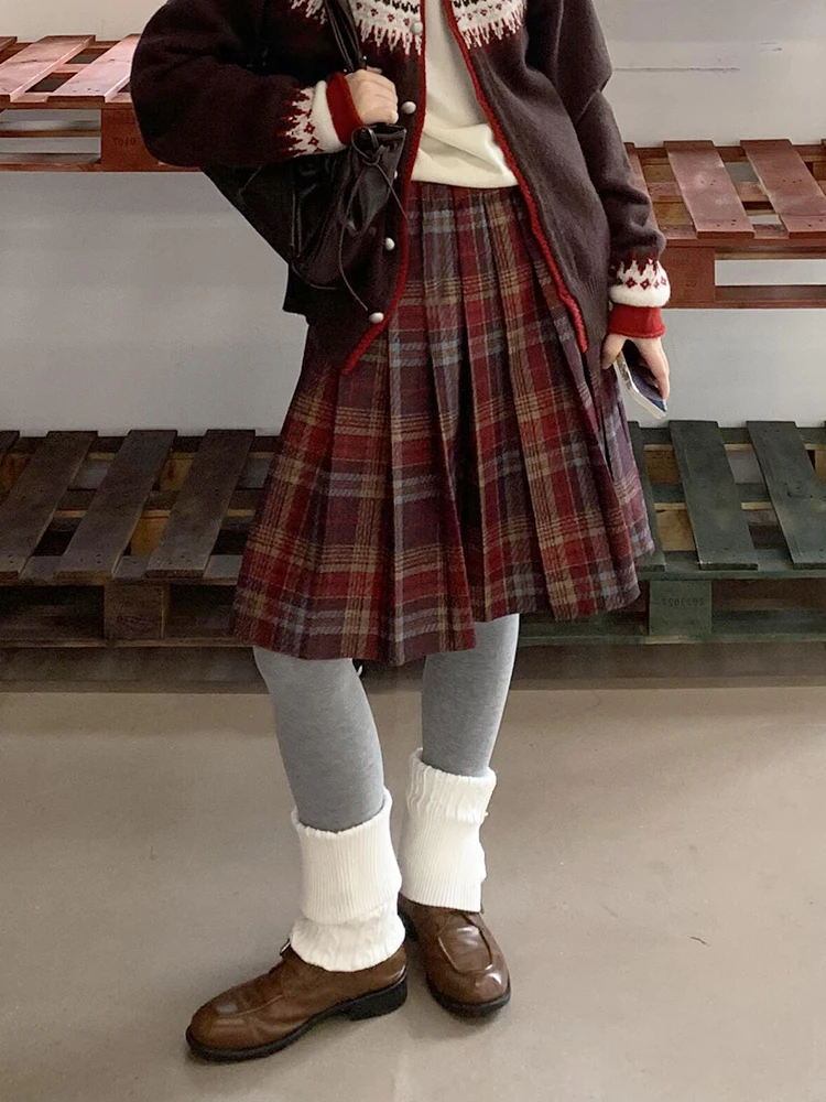 ReddaChic Trendy Retro Plaid Skirt Color Block High Rise Tweed A-line Pleated Knee Long Skirt Korean Casual Fall Women Clothes