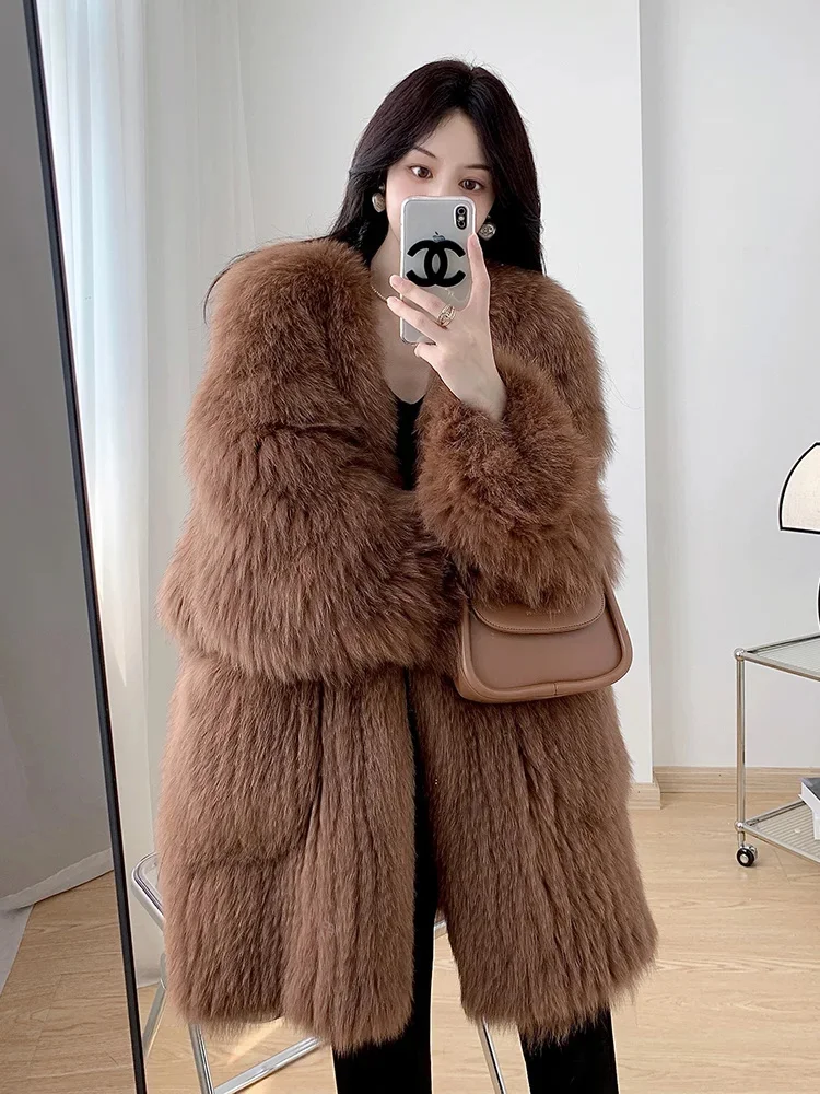 

Fox Natural Fur Double-sided Weave Real Coat Women Fashion Elegant V-neck Overcoat Female Warm Long Winter Plush Jacket