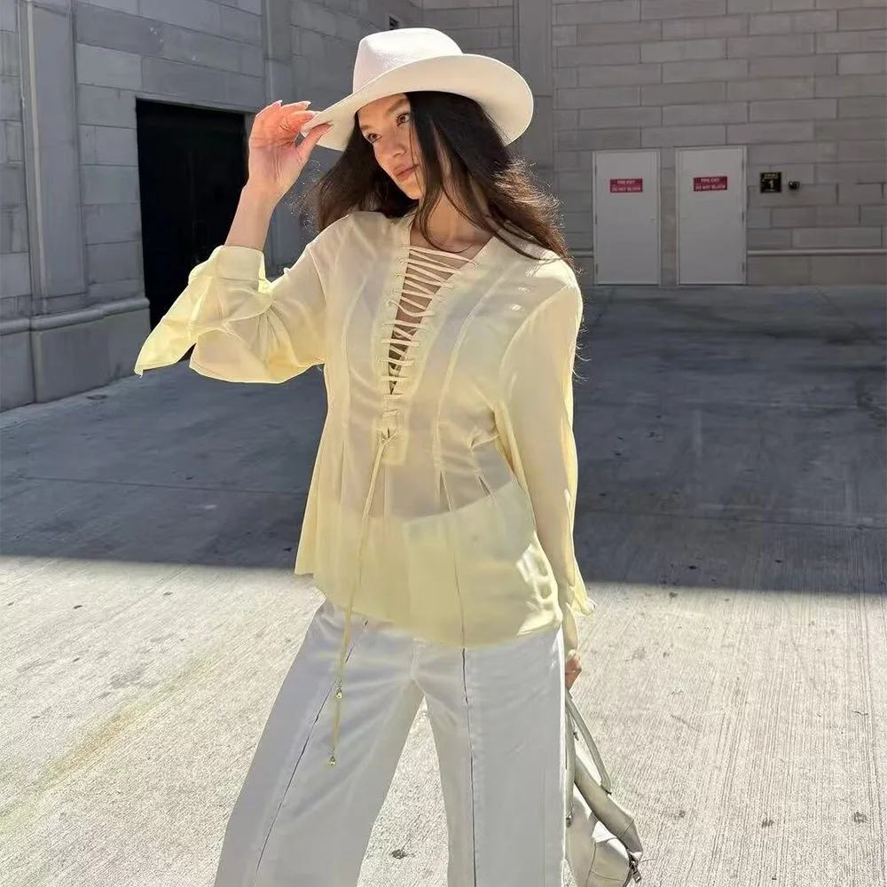 

2025 New Women's Fashion Elegant Design with European and American Style Lace up Decoration Chiffon Top
