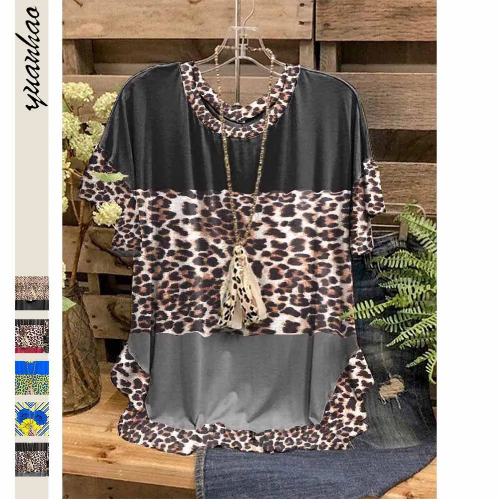 

Casual round Ne ort Sve T-irt Women's Loose Fit Digital Print Leopard Print Hemline New Arrival Summer Faion Ladie...