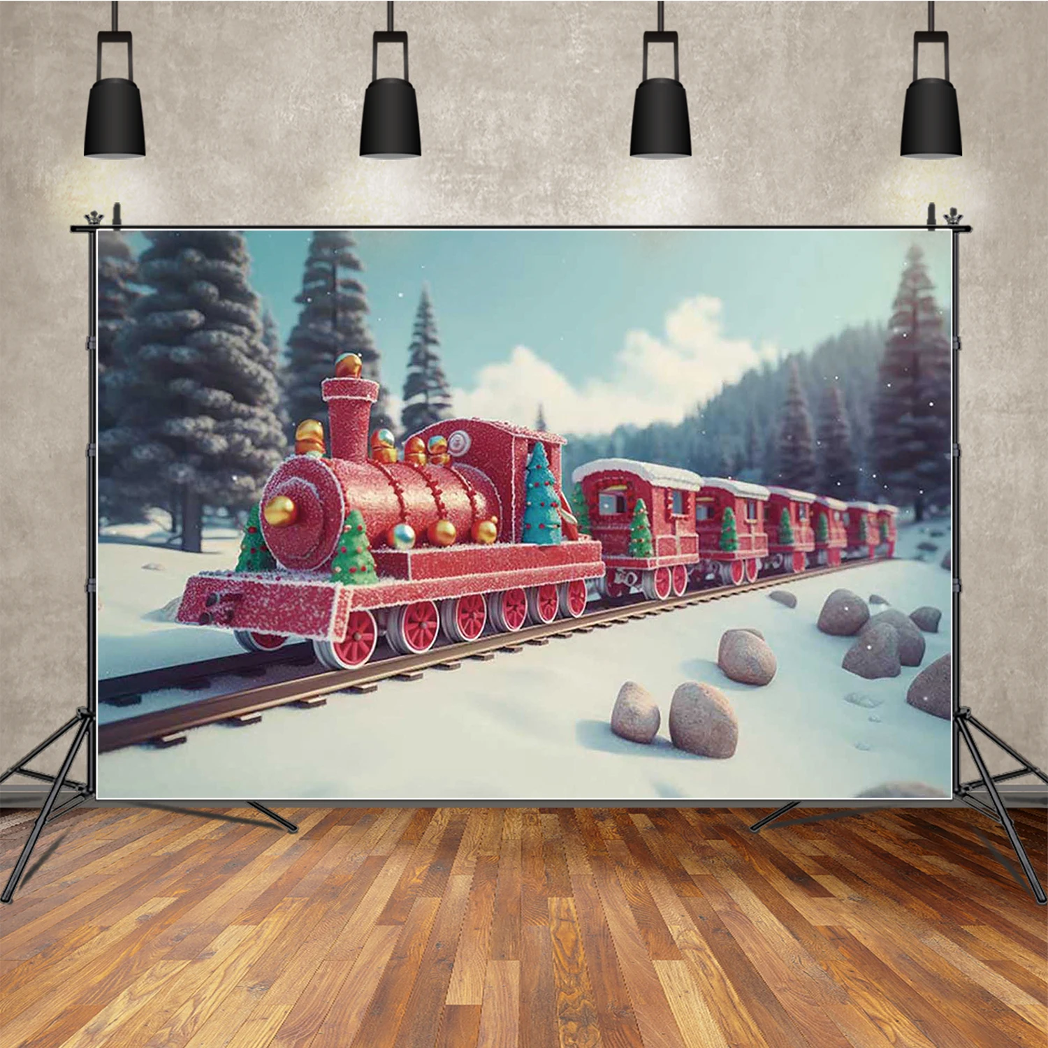 MOON.QG メリークリスマス写真撮影の背景幕レッドトレイン雪の森写真撮影の背景写真壁紙装飾 Photozone
