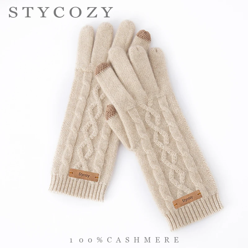 Women's 100% Cashmere Long Cable Knit Gloves Ribbed Cuff Winter Warm Finger Mitts with Leather Tag Cozy Knitted Handwear