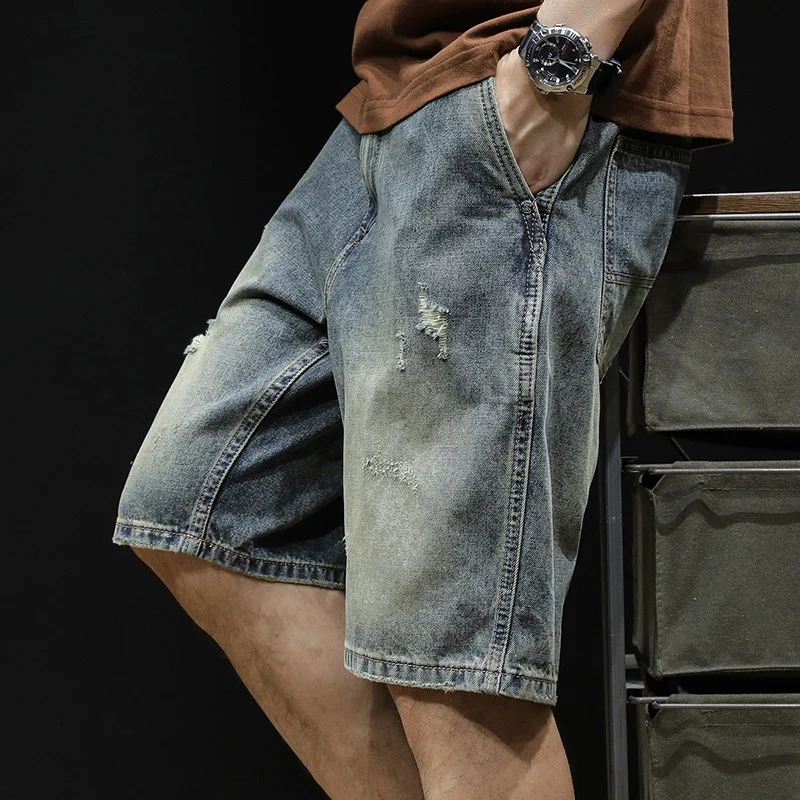 

Ripped Denim orts Men's Five-Quarter Summer Vintage Trendy Loose plus Size Jeans mid Waist Zipper Straight Leg Casual orts